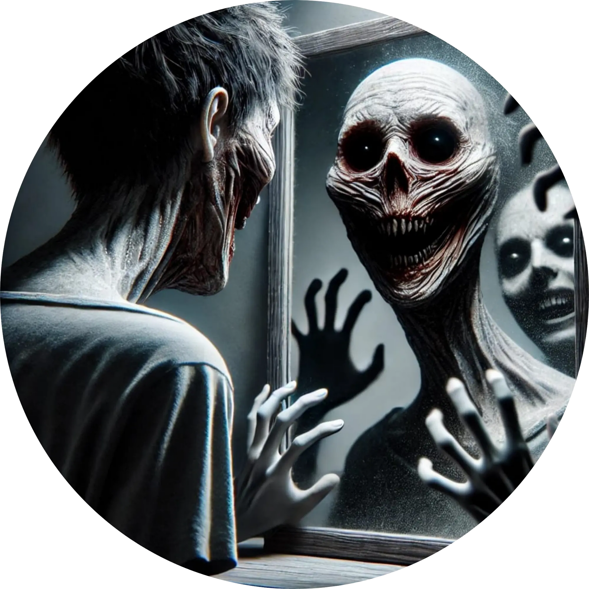 Skelettähnliche Kreatur flüstert in das Ohr eines verängstigten Mannes, der in den Spiegel guckt