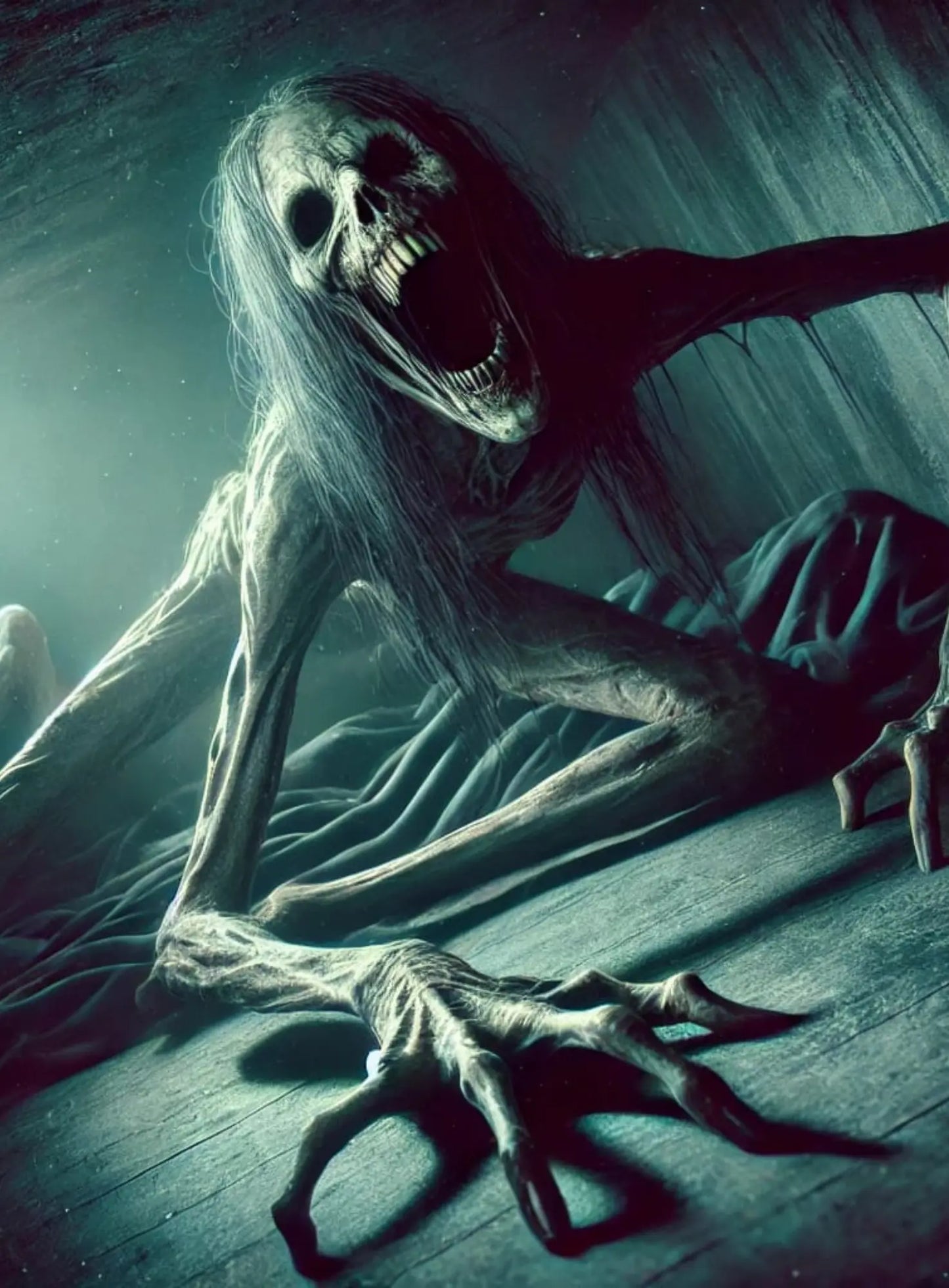 Schaurige Kreatur mit spinnenartigen Gliedmaßen und skelettartigem Gesicht, die aus der Dunkelheit herabhängt. Unheimliche, albtraumhafte Szene mit surrealem Horror-Element