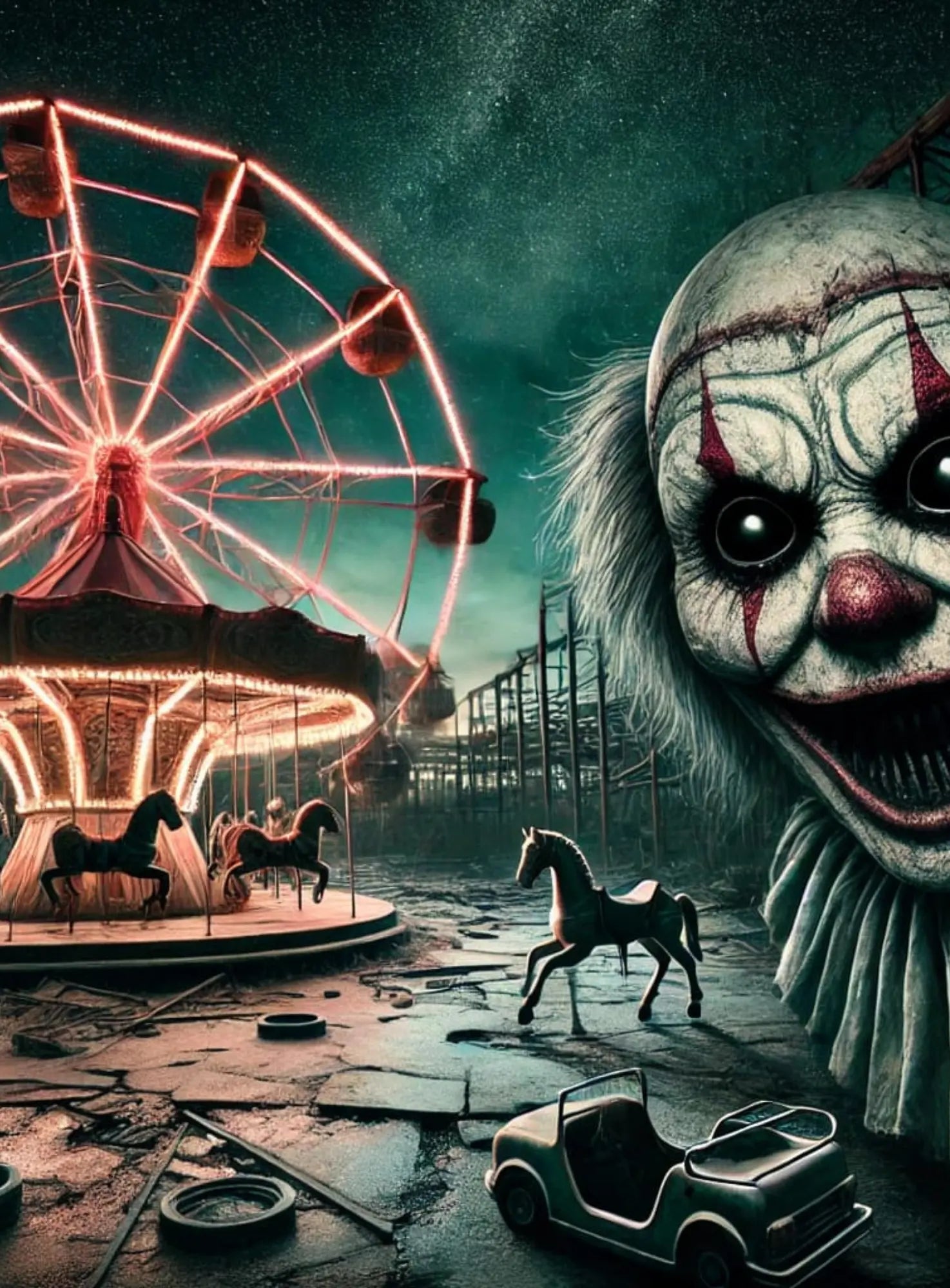 Furchterregender Clown mit verzerrtem Gesicht und Karussell im Hintergrund – albtraumhafte Szene mit Zirkus-Atmosphäre.