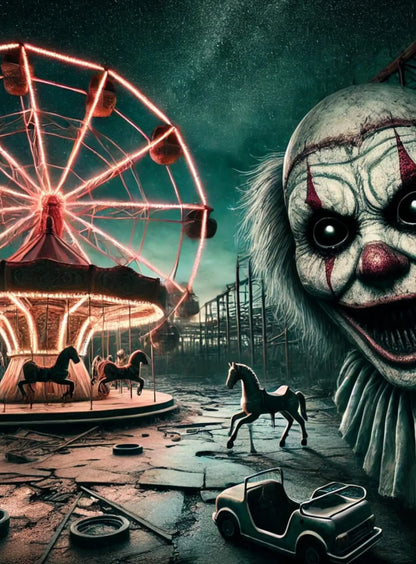 Furchterregender Clown mit verzerrtem Gesicht und Karussell im Hintergrund – albtraumhafte Szene mit Zirkus-Atmosphäre.