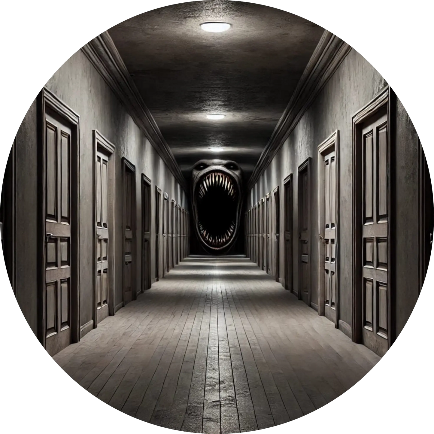 Endloser, leerer Hotelflur mit Türen links und rechts – unheimliche Stille und am anderen Ende ein offener Mund mit Zähnen.

Gesicht in Qualen, halb aufgelöst in glühender, feuriger Masse
