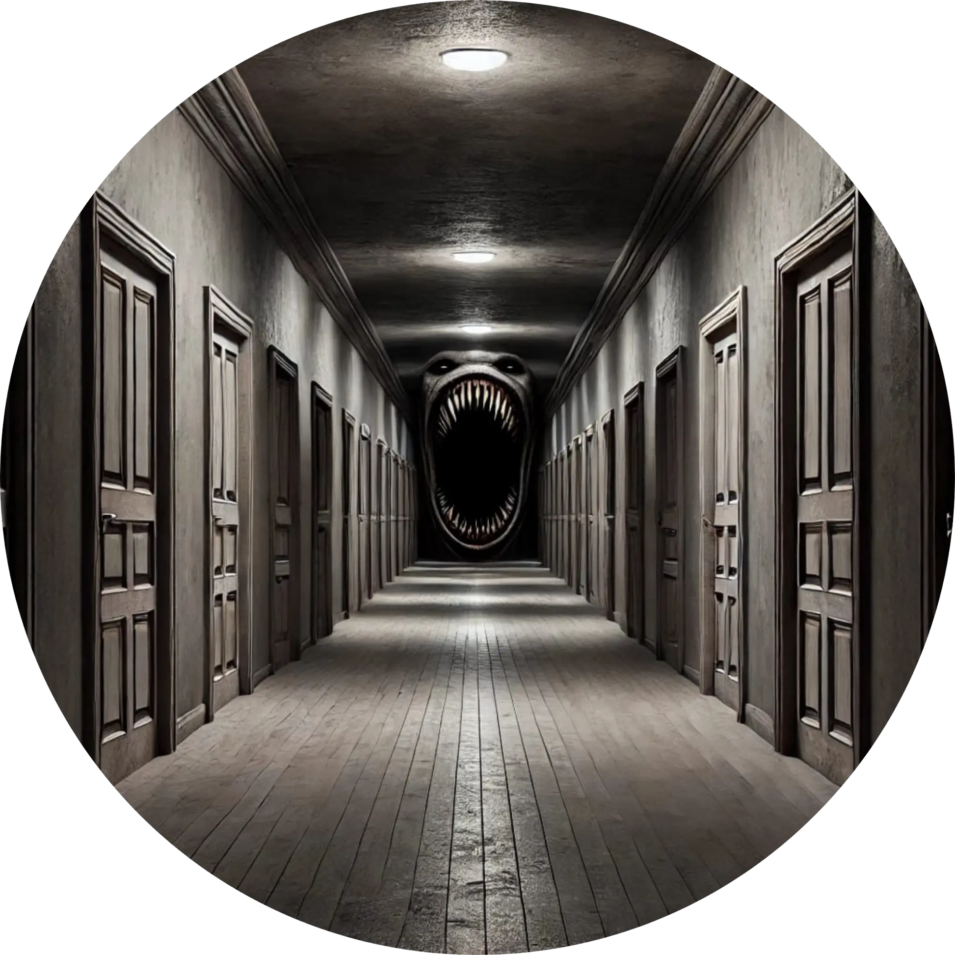 Endloser, leerer Hotelflur mit Türen links und rechts – unheimliche Stille und am anderen Ende ein offener Mund mit Zähnen.

Gesicht in Qualen, halb aufgelöst in glühender, feuriger Masse
