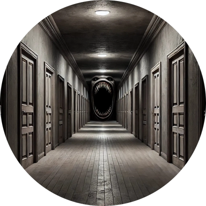 Endloser, leerer Hotelflur mit Türen links und rechts – unheimliche Stille und am anderen Ende ein offener Mund mit Zähnen.

Gesicht in Qualen, halb aufgelöst in glühender, feuriger Masse
