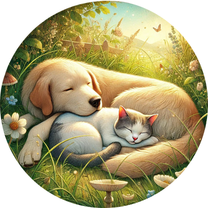 Hund und Katze liegen gemütlich nebeneinander im Gras