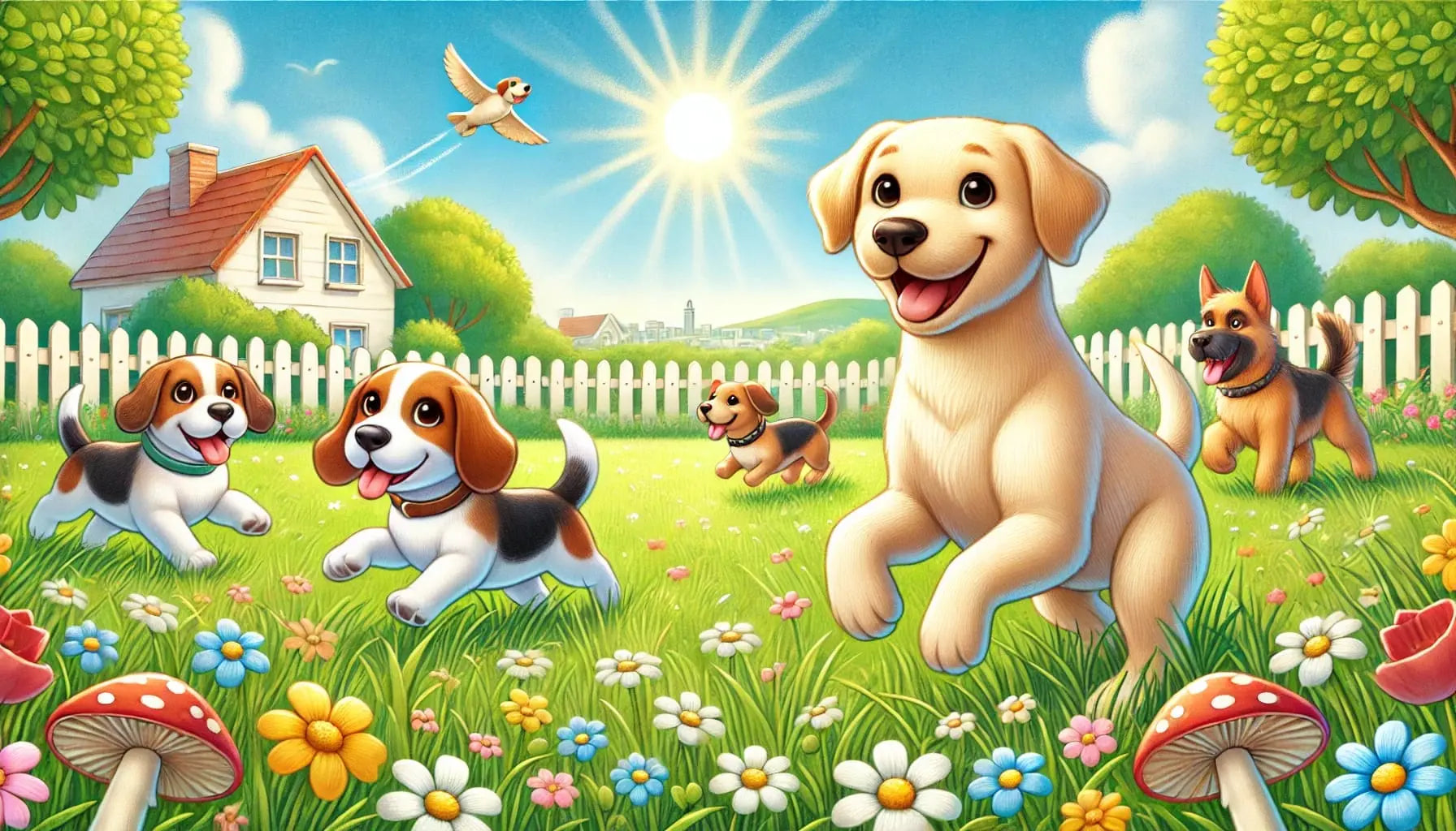 Spielende Hunde auf einer Wiese. Im Hintergrund ein Haus, Bäume und die strahlende Sonne.