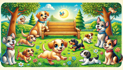 Tierfreundliche Szene mit Hunden, Katzen und Waldtieren auf grüner Wiese.