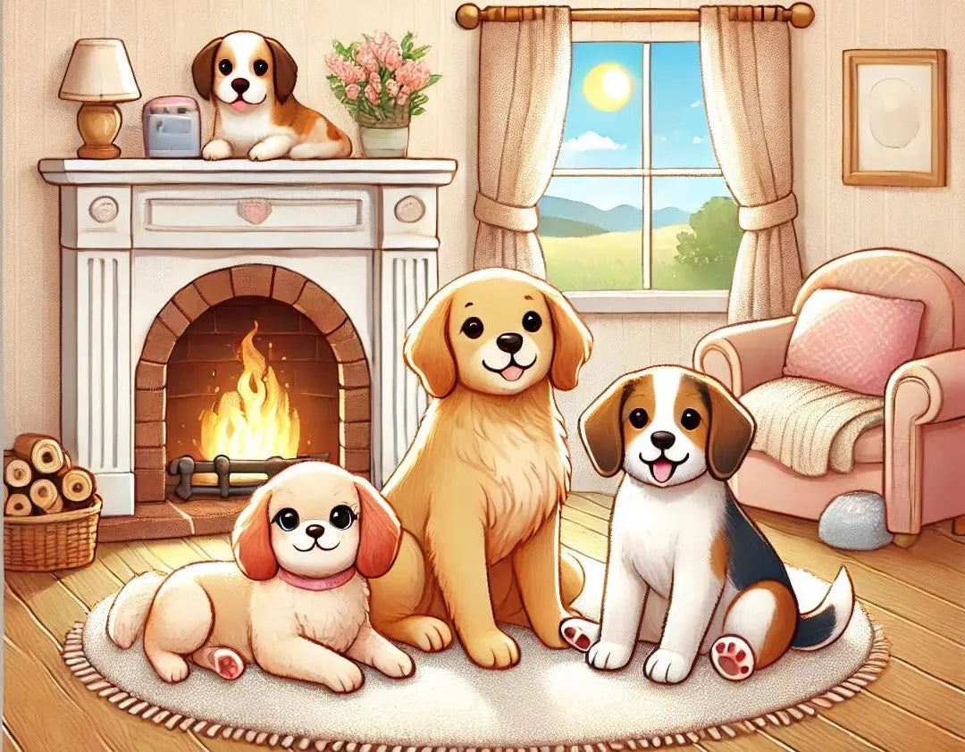 Hundewelpen in pastellfarbenden Wohnzimmer. Im Hintergrund ist ein Kamin, ein Sessel und ein Fenster zu sehen.