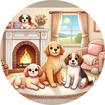 Hunde in in zarten Creme- und Beigetönen auf hellem Teppich in einem Wohnzimmer