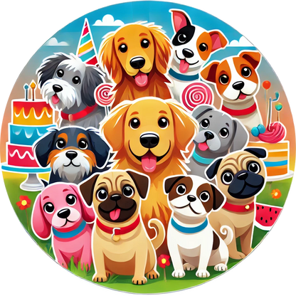 Fröhliche Hunderunde mit vielen verschiedenen Rassen auf rosa-grünem Hintergrund