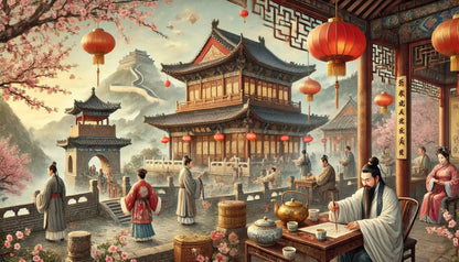  Idyllische Szene in einem asiatischen Teehaus – mit roten Lampions, alter Architektur und ruhigem Gespräch am Tisch.