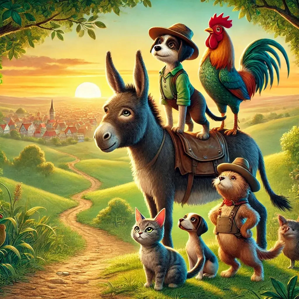 Die Bremer Stadtmusikanten:
Die berühmten Märchentiere – Esel, Hund, Katze und Hahn – stehen aufeinander auf einem Weg vor einer sonnigen Landschaft.