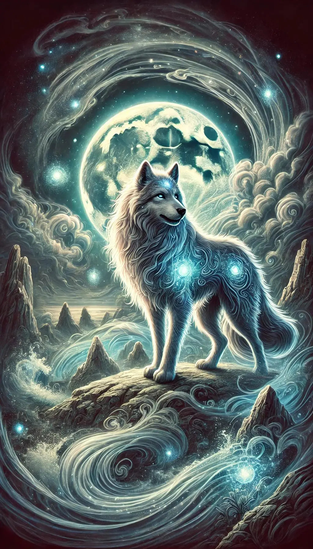 Wolf mit leuchtenden Elementen vor Mond