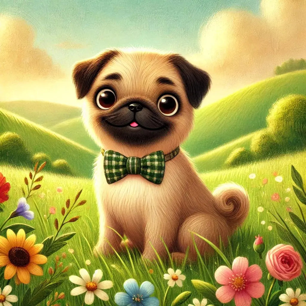 Mops mit Fliege auf einer Wiese mit Blumen