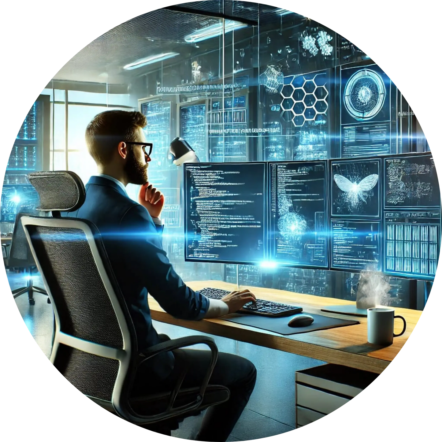 IT-Spezialist arbeitet am Computer in einem modernen Tech-Umfeld