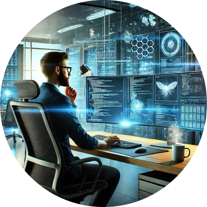 IT-Spezialist arbeitet am Computer in einem modernen Tech-Umfeld