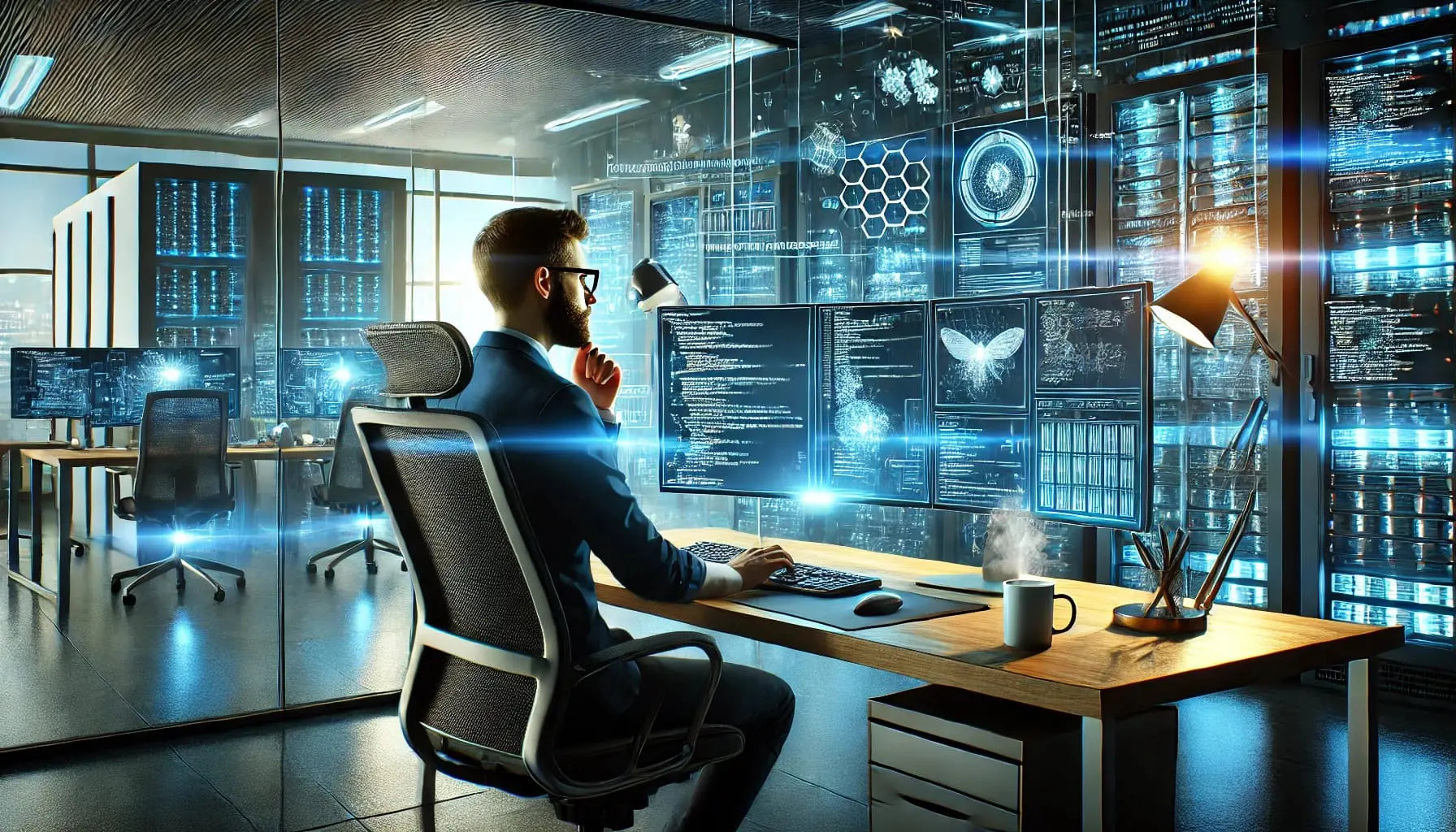 IT-Fachmann arbeitet an mehreren Monitoren in einem modernen Serverraum – Darstellung des Berufs in der Tech-Branche.