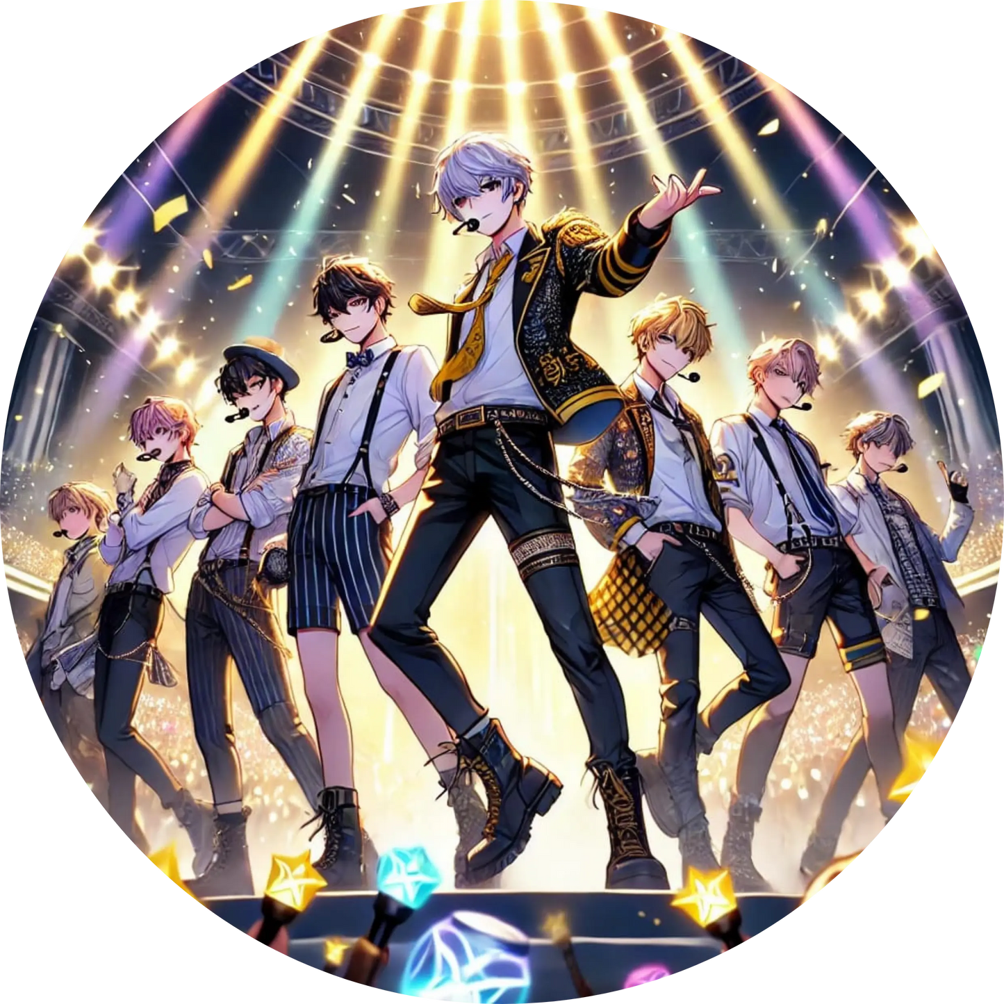 K-Pop-Idol mit Mikrofon in der Hand, beleuchtet von goldenen Scheinwerfern auf der Bühne