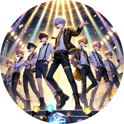 K-Pop-Idol mit Mikrofon in der Hand, beleuchtet von goldenen Scheinwerfern auf der Bühne