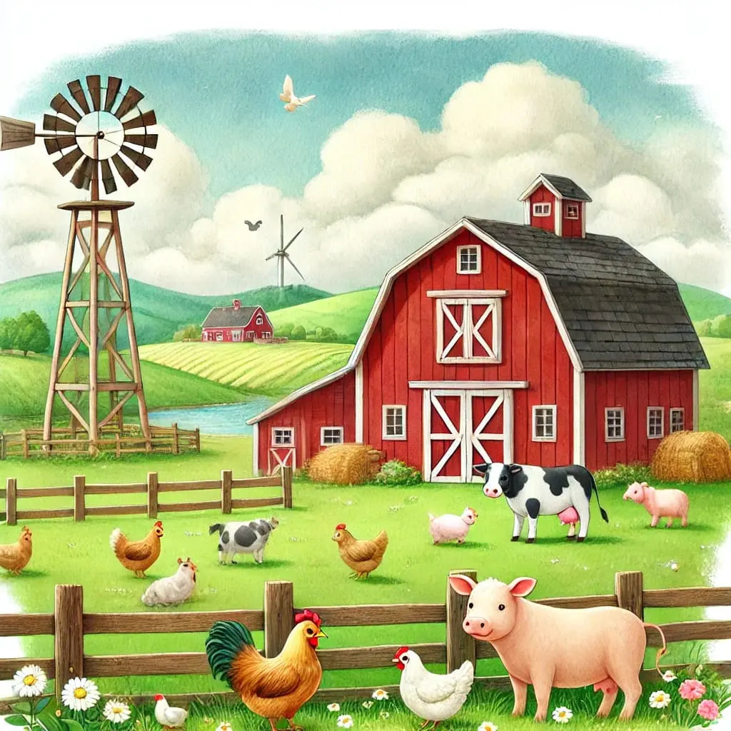 Bauernhofszene mit Hühnern, Kühen und Windmühle.