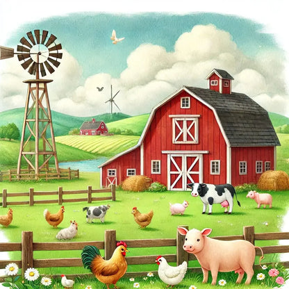 Bauernhofszene mit Hühnern, Kühen und Windmühle.
