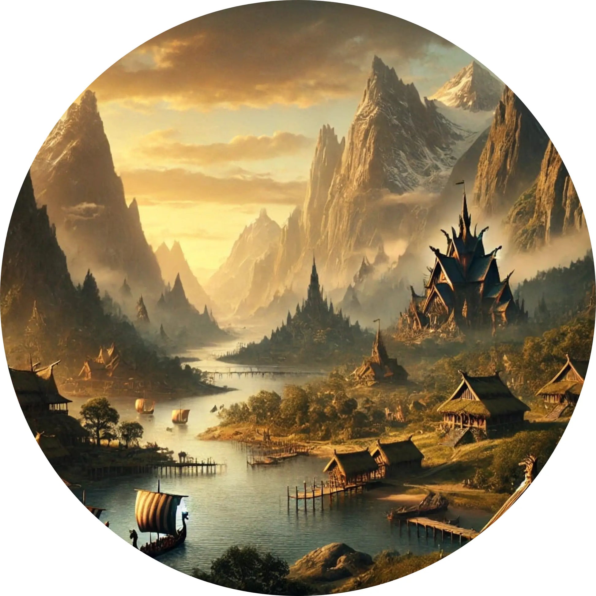 Idyllisches Wikingerdorf an einem Fjord mit hölzernen Langhäusern, ruhigem Gewässer und majestätischen Bergen – symbolisch für das Leben der nordischen Völker.