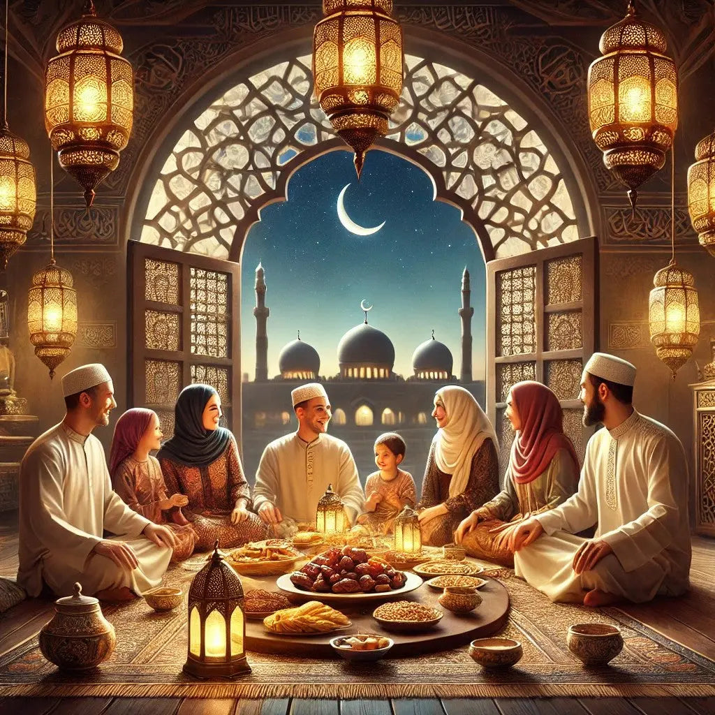 Ramadan-Iftar-Szene – Stimmungsvolles Abendessen zum Fastenbrechen (Iftar) während des Ramadans in orientalischer Architektur bei Kerzenschein.