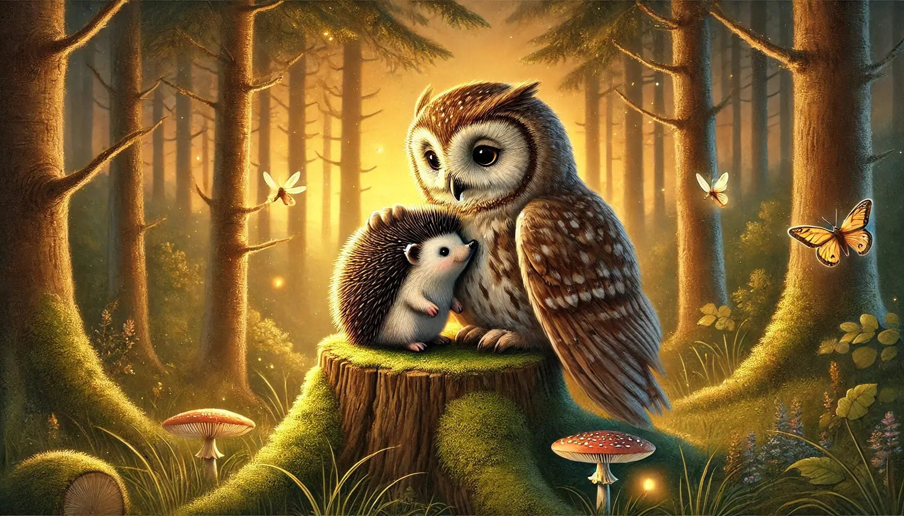 Eule mit Jungtier auf einem Ast in einem dämmerigen Wald.