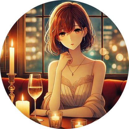 Manga-Girl im Abendkleid bei Kerzenschein im stilvollen Restaurant
