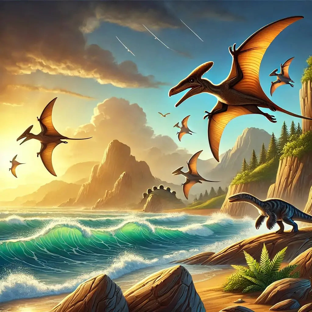 Flug-Dinosaurier über tropischer Küste mit Vulkan im Hintergrund