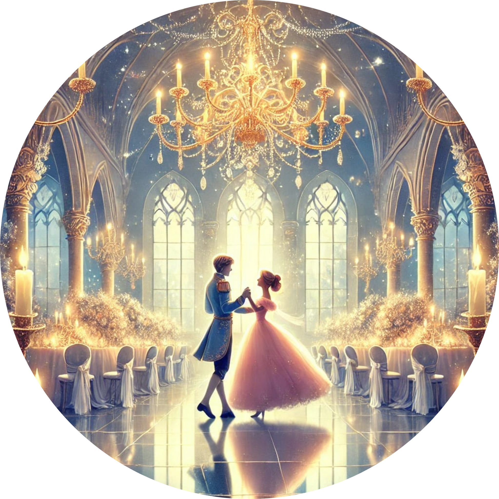 Prinz und Prinzessin tanzen unter Kronleuchtern im Ballsaal