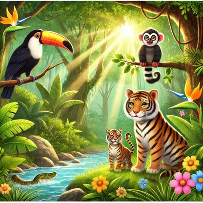 Tiger, Affe und Tukan am Fluss im Dschungel mit tropischen Pflanzen.