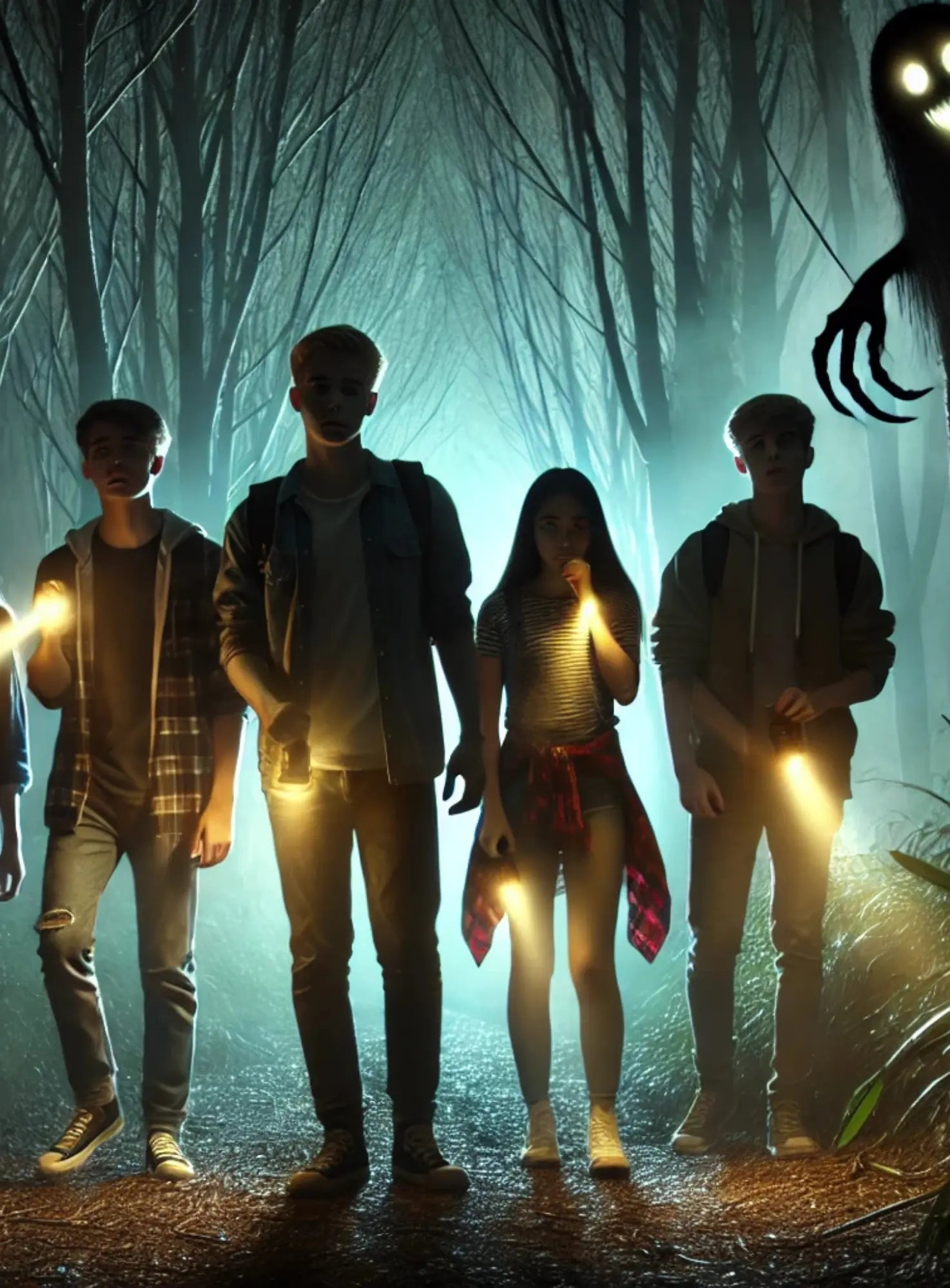 Vier Jugendliche mit Taschenlampen in einem nebligen Wald, beobachtet von einem Schattenwesen mit leuchtenden Augen – spannungsgeladene Szene voller Grusel.
