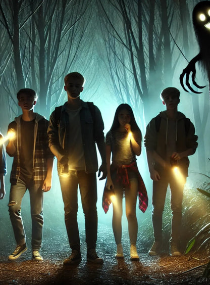 Vier Jugendliche mit Taschenlampen in einem nebligen Wald, beobachtet von einem Schattenwesen mit leuchtenden Augen – spannungsgeladene Szene voller Grusel.