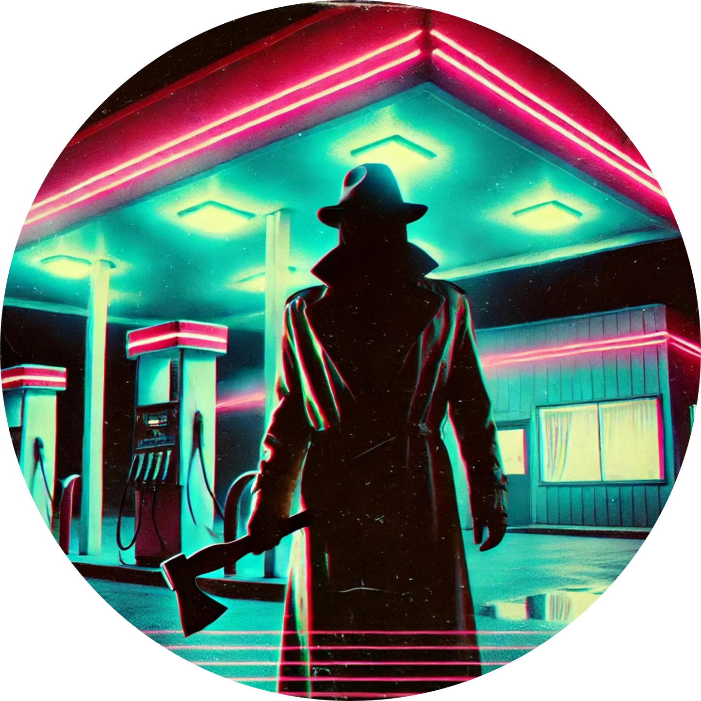 Unheimliche Gestalt im Trenchcoat wartet auf leeren Bahnsteig in Neonlicht