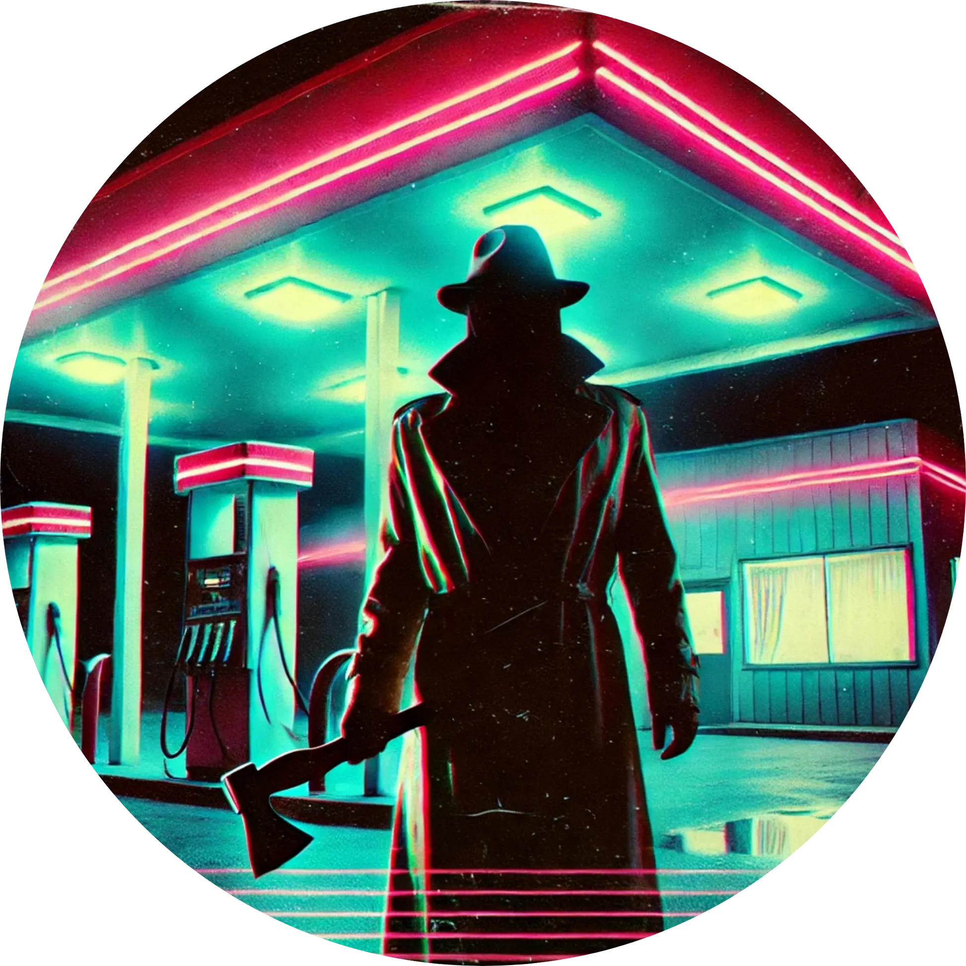 Unheimliche Gestalt im Trenchcoat wartet auf leeren Bahnsteig in Neonlicht