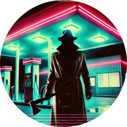 Unheimliche Gestalt im Trenchcoat wartet auf leeren Bahnsteig in Neonlicht