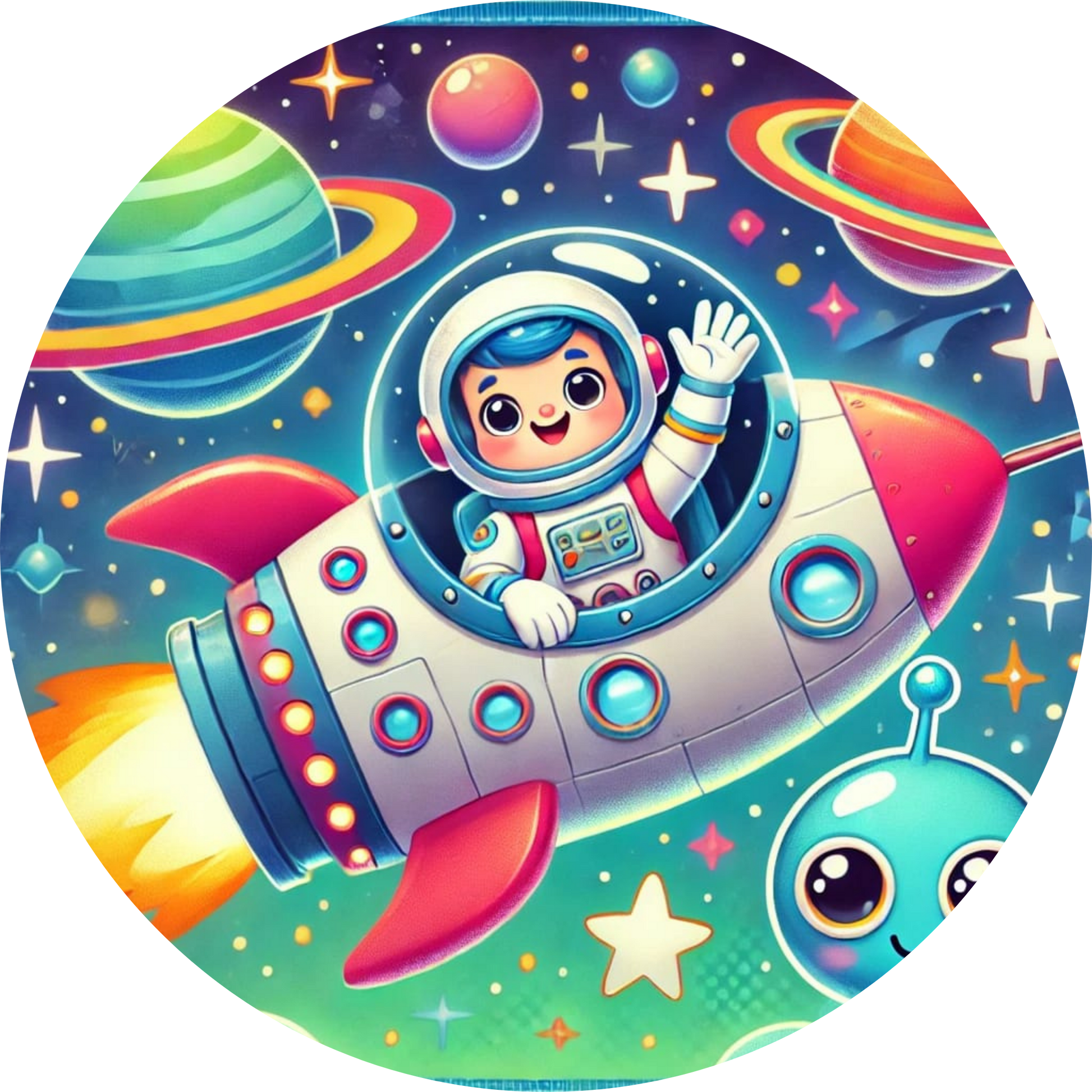 Mädchen im Raumschiff vor leuchtender Galaxie