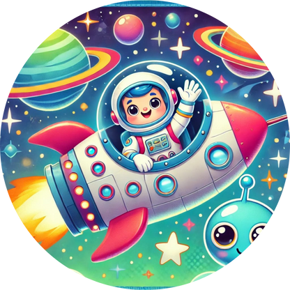 Mädchen im Raumschiff vor leuchtender Galaxie