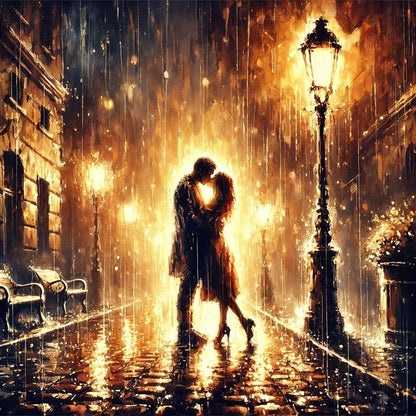 Paar küsst sich leidenschaftlich bei Nacht im Regen unter einem Laternenlicht – leuchtende, emotionale Stimmung