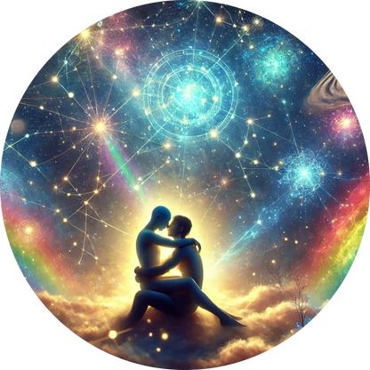 Zwei Personen im Universum, umgeben von Sternen und einem leuchtenden Spiralnebel – sie umarmen sich.
