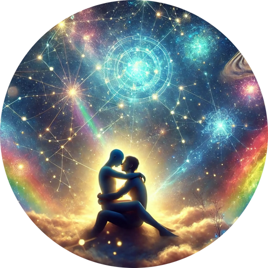 Zwei Personen im Universum, umgeben von Sternen und einem leuchtenden Spiralnebel – sie umarmen sich.