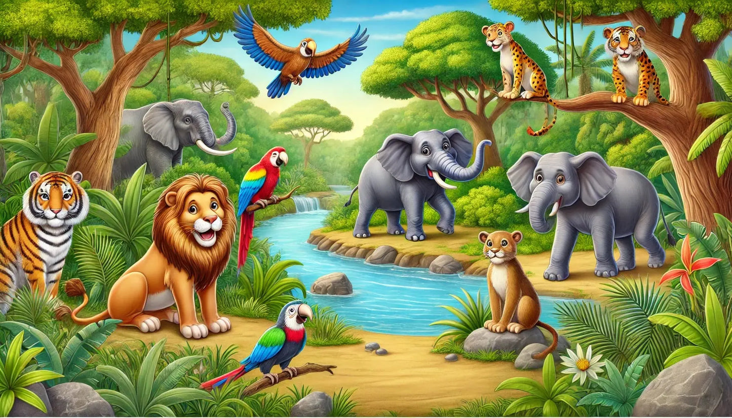 Elefant, Löwe und Affe unter bunten Vögeln im grünen Urwald.