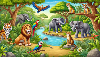 Elefant, Löwe und Affe unter bunten Vögeln im grünen Urwald.