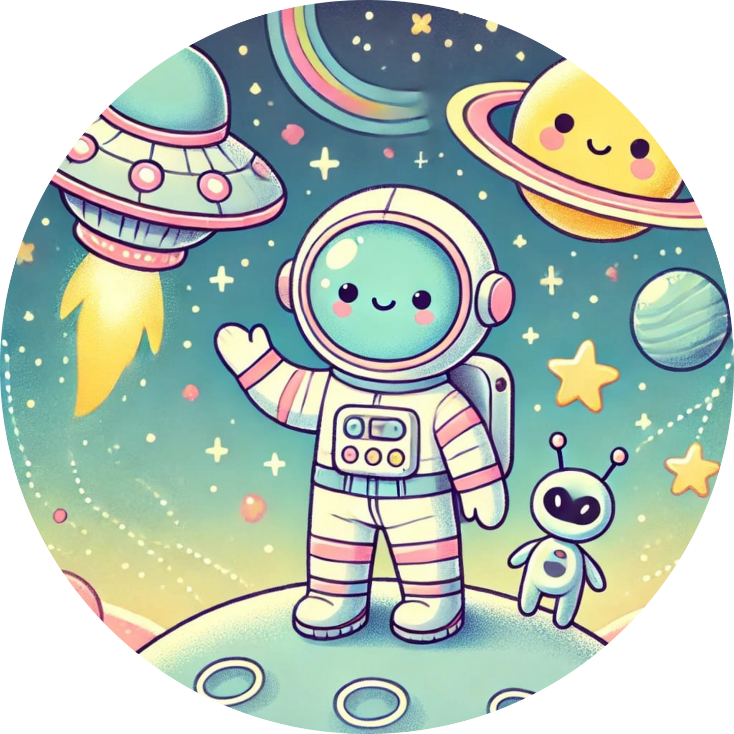 Niedliches Kind im Raumanzug vor einem bunten Weltraumhintergrund