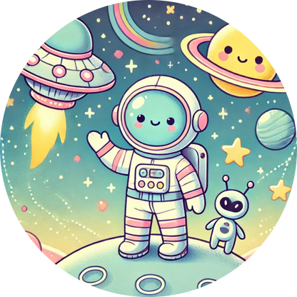 Niedliches Kind im Raumanzug vor einem bunten Weltraumhintergrund