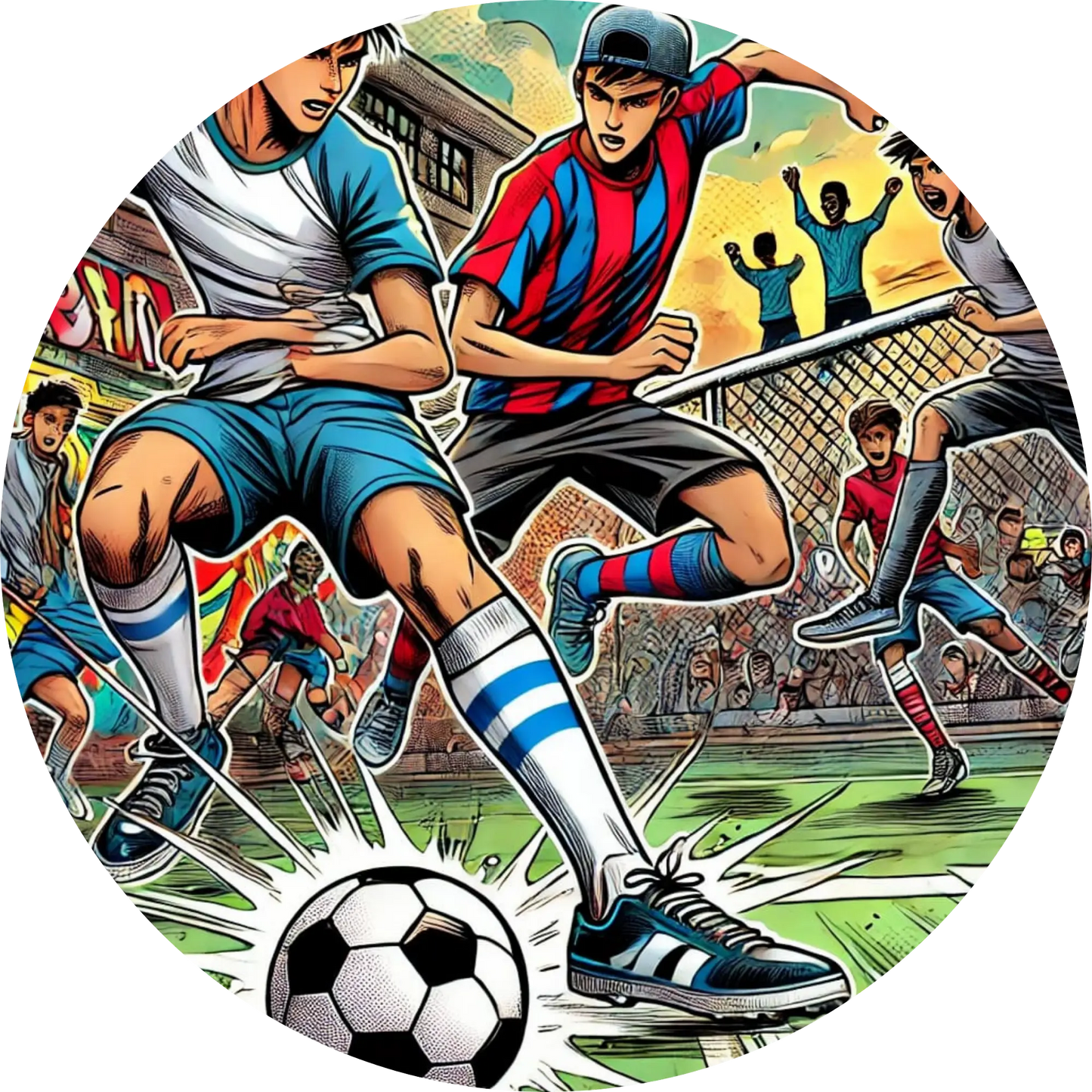 Comicartiger Zweikampf beim Fußball mit dynamischer Bewegung und Trikots