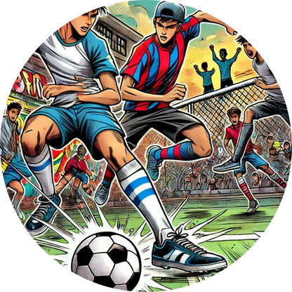 Comicartiger Zweikampf beim Fußball mit dynamischer Bewegung und Trikots