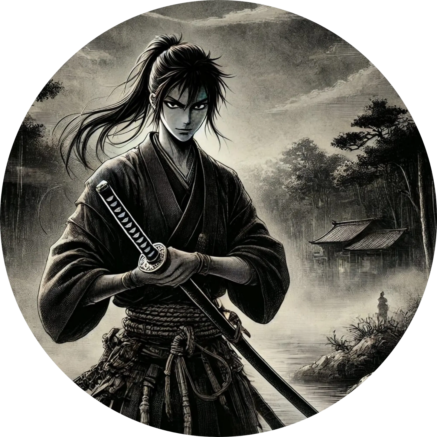 Samurai mit ernster Miene in traditionellem Outfit vor japanischem Garten