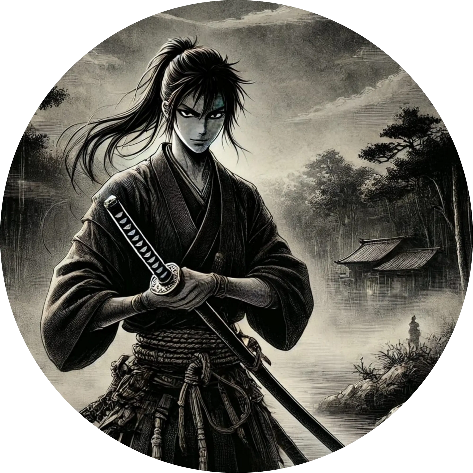 Samurai mit ernster Miene in traditionellem Outfit vor japanischem Garten