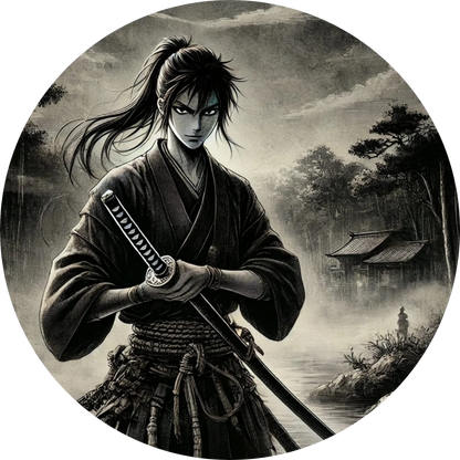 Samurai mit ernster Miene in traditionellem Outfit vor japanischem Garten